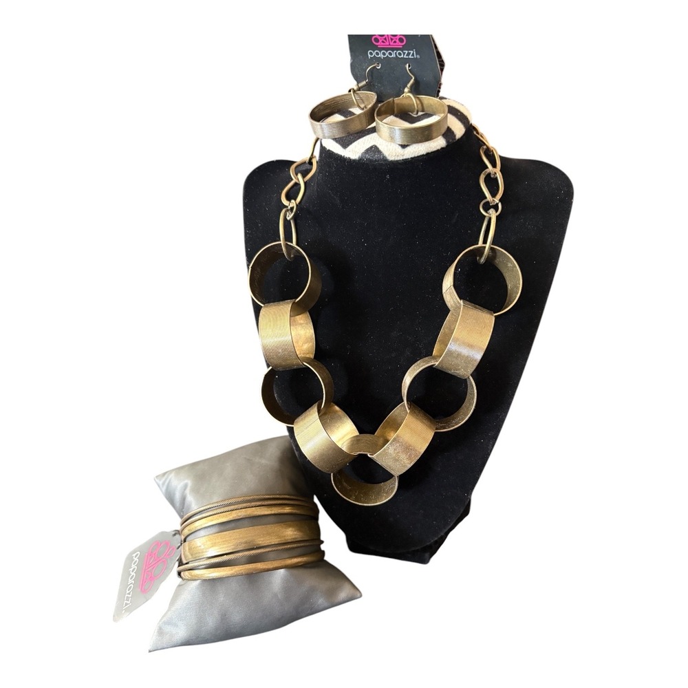 Paparazzi Brass Jewelry Set Chunky Link Necklace Hoop Earrings Stacked Bangles